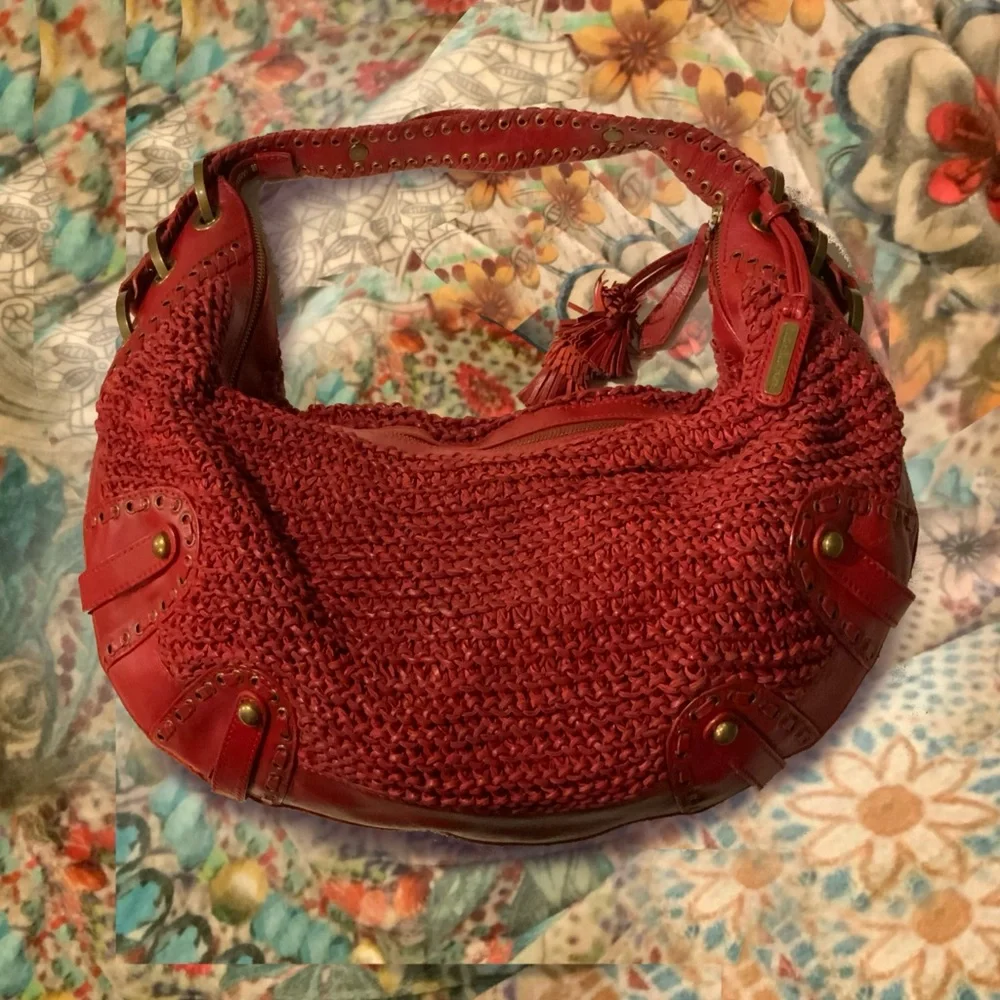 Red Leather Isabella Fiore Woven Mesh Shoulder Hobo Bag Large Boho